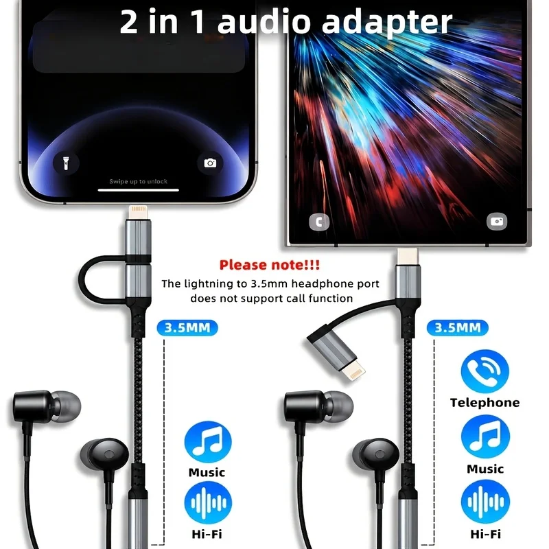 USB-C Lightning Audio Adapter Kit, 3.5mm Headphone Jack Converter & Dust Plug, Compatible with iPhone 13~17 Pro Max, Samsung, PC