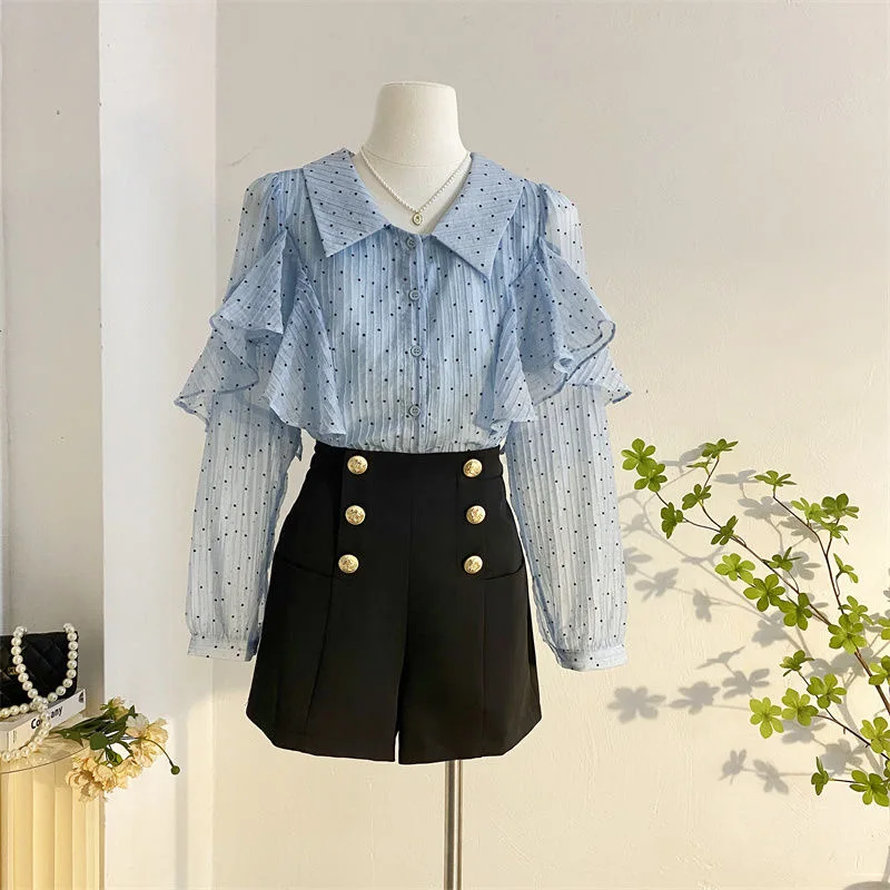 

Summer And Spring New Casual Sweet Single Breasted Ruffles Patchwork Polka Dot Long Sleeve Turn-Down Collar Women's Shirts