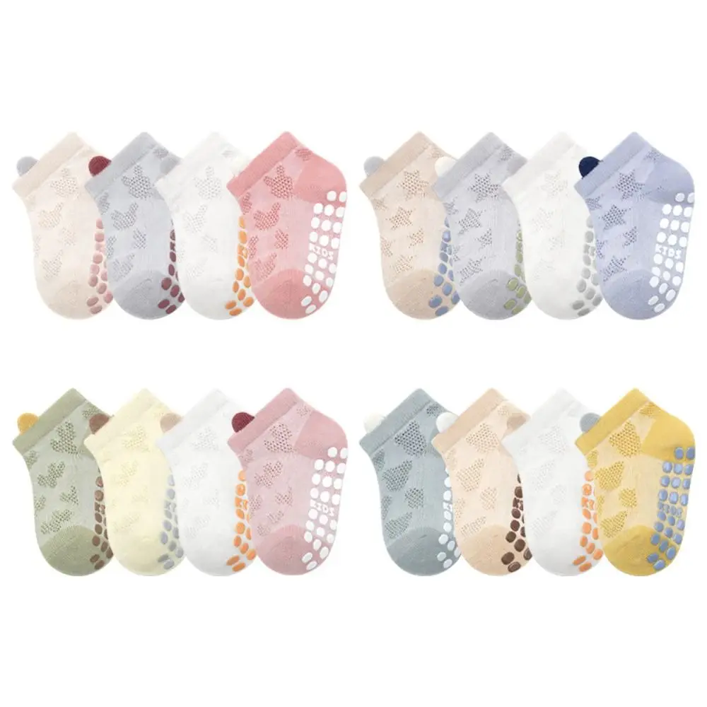 4Pairs/Set Cotton Children Socks Breathable Thin Baby Mesh Short Sock Cartoon Non-slip Boys Girls Floor Socks Spring Summer
