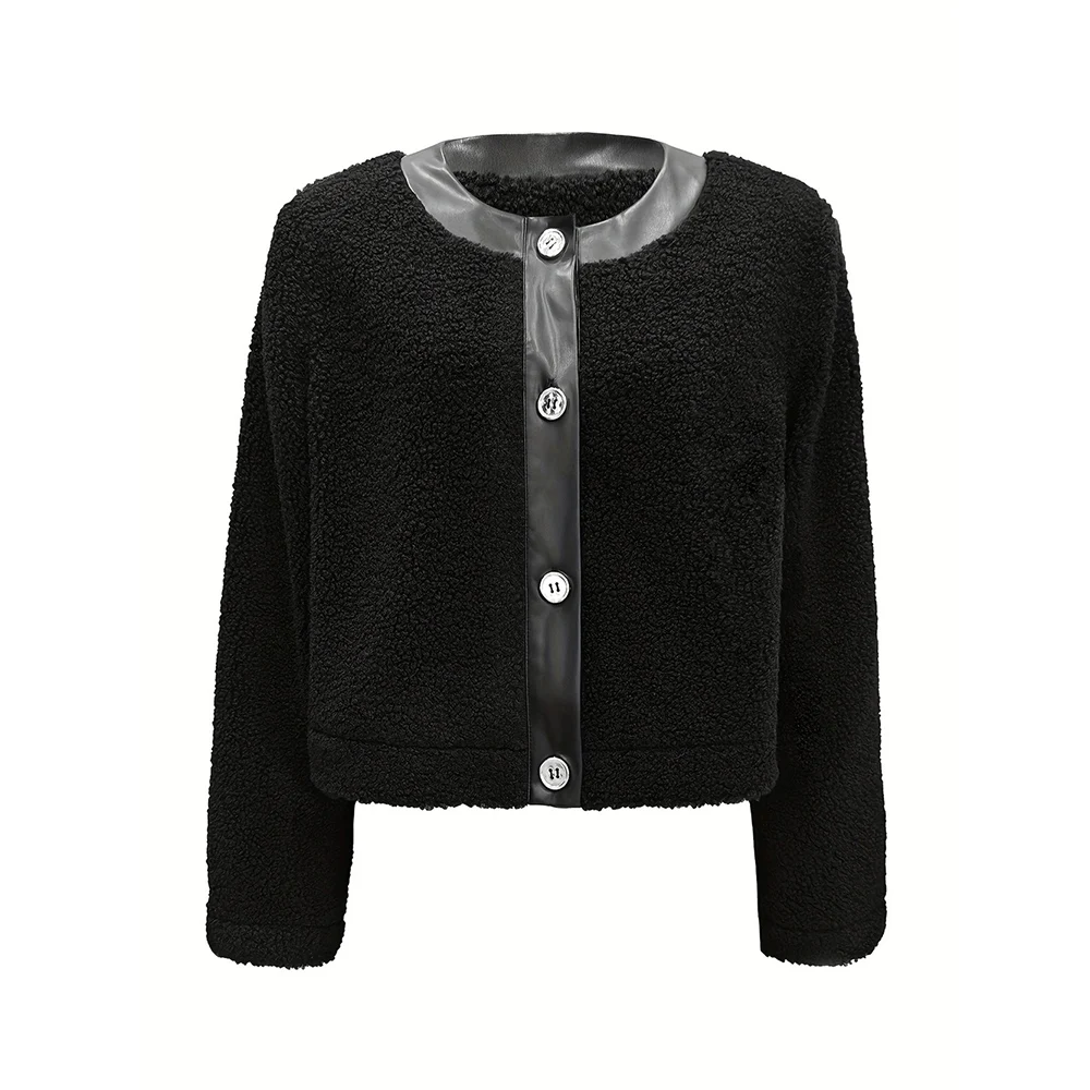 

Black Furry Fleece Coat Women Autumn Winter Thick Warm Faux Fur Patchwork Jacket Casual O-Neck Single Breasted Short Coats