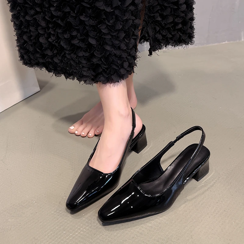 Patent Leather Bag Sandals Summer New Pointed Toe Shallow Mouth One Strap Non-slip Block Heel Shoes view 2