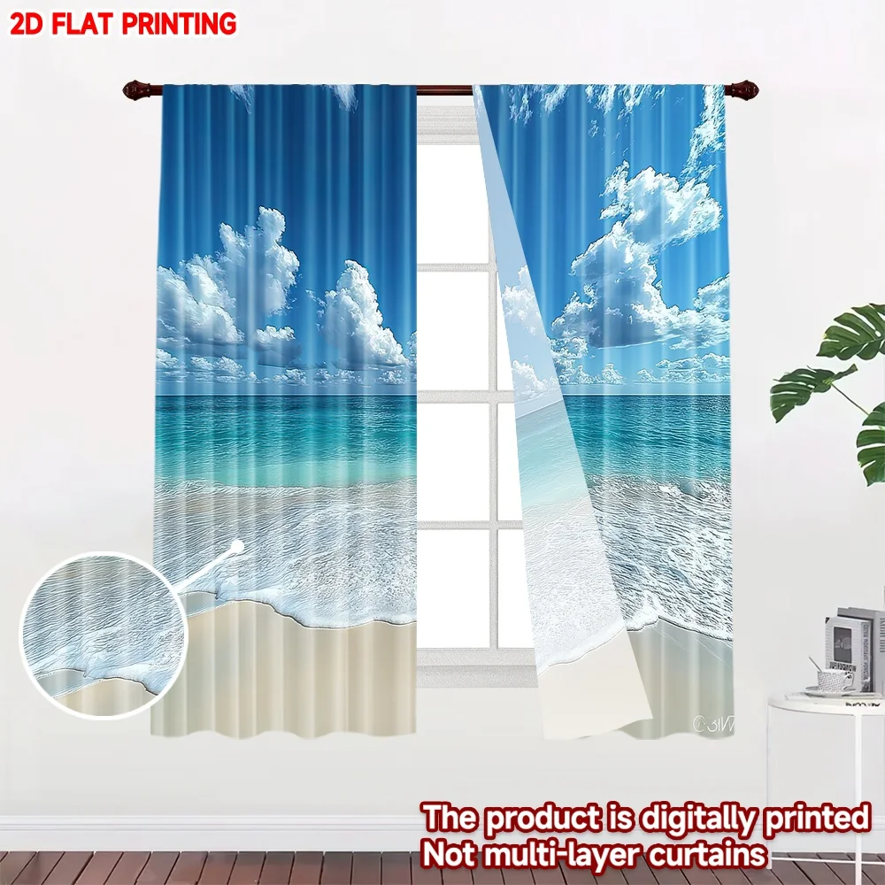 2D flat printing 2pcs Party Curtains Blue Sky Over Ocean Digital Printed Polyester Drapes Family Party Decoration for Photo