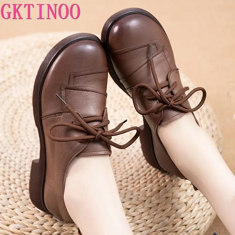 GKTINOO Platform Shoes Women Genuine Cow Leather Round Toe Sewing Lace-Up Flats Chunky Sole Ladies Low Heels Shoes Handmade