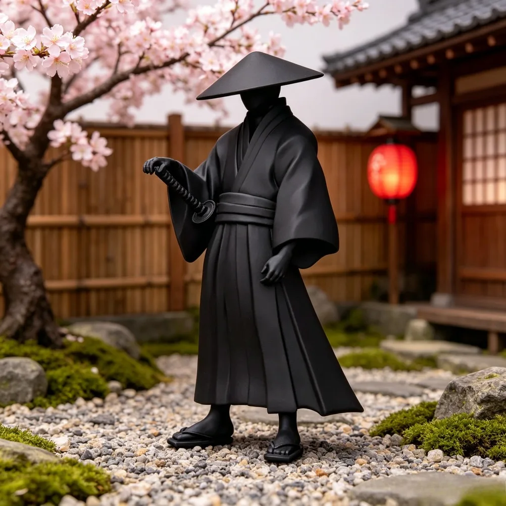 Wandering Ronin Statue Japanese Straw Hat Samurai Sculpture, Oriental Bushido Desktop Ornament for Study Room Home Decor Gift