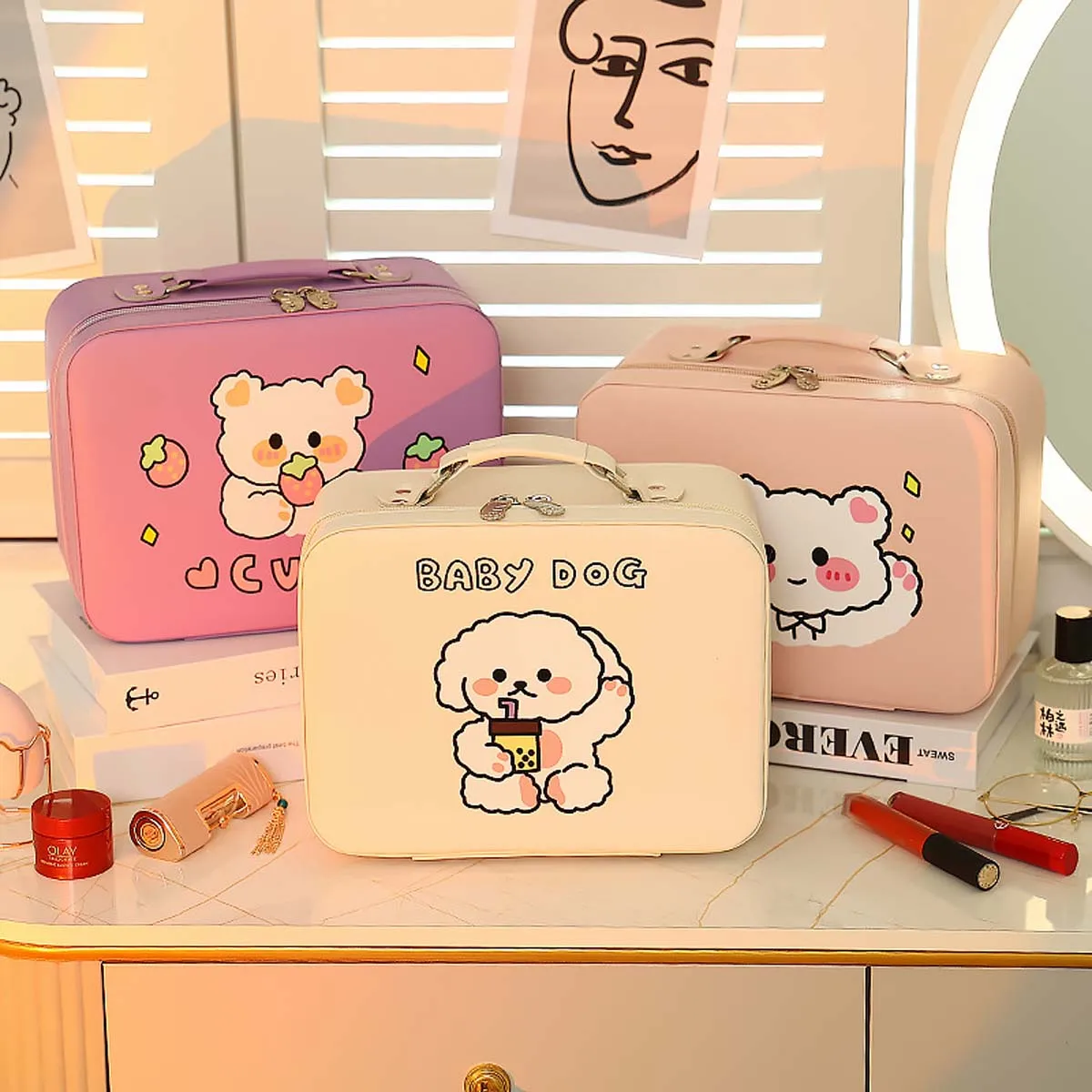 Red lipstick storage box Large capacity cartoon waterproof portable makeup case Makeup bag storage box with rabbit bear woman