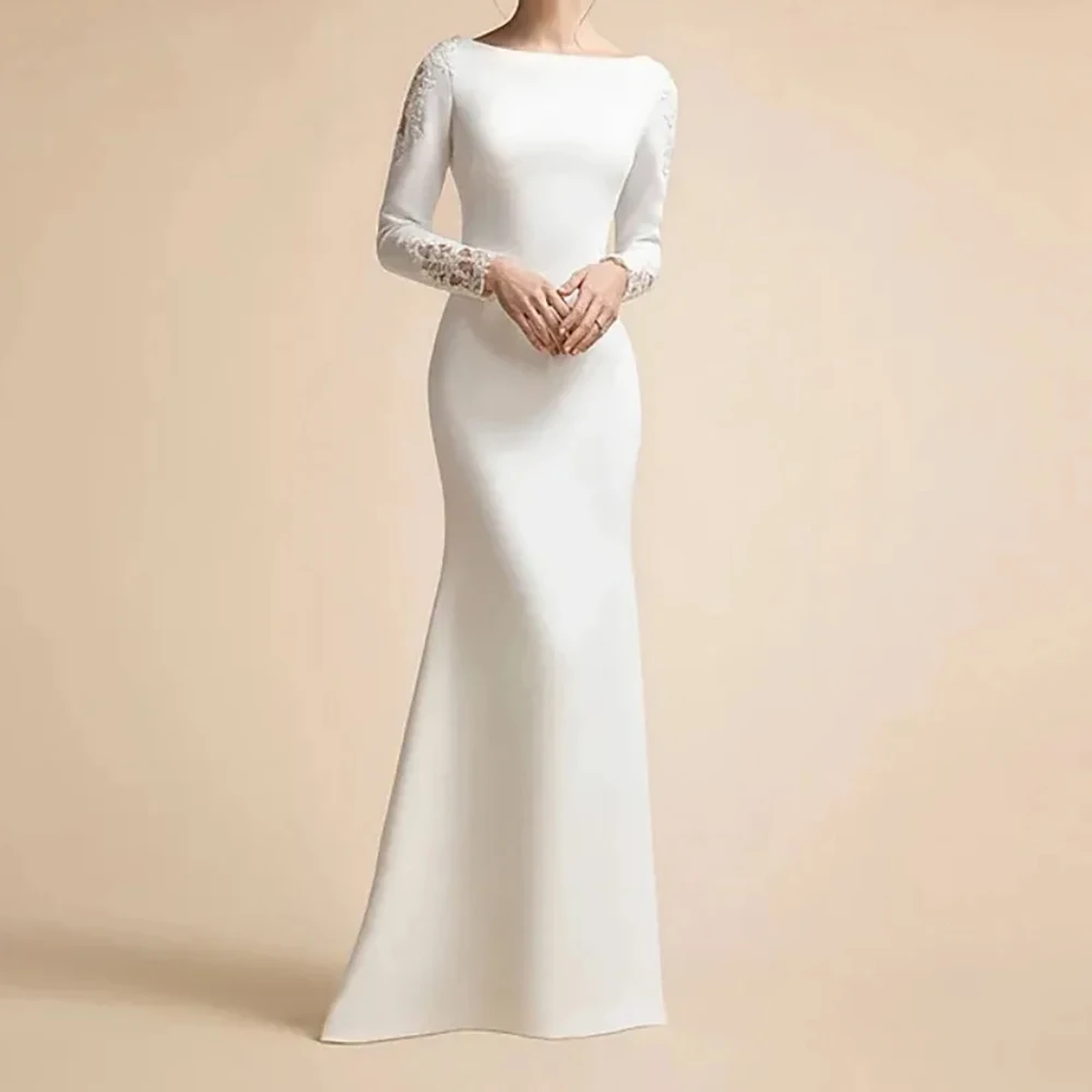 

Simple Mermaid Long Wedding Dresses Full Sleeves Applique Boat Neck Ivory Satin Bridal Gowns for Bride Lace 2025 Customized