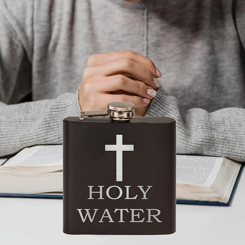 Outdoor Portable Cross Pattern Holy Water Bottle Stainless Steel Wine Pot 6 Oz Christian Gift Black Alcohol Whiskey Hip Flask