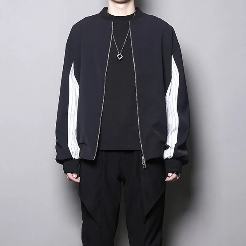 

Autumn New Japanese Casual Stripe Splicing Cutting Design Loose Jacket Men's Fashionable Sports Baseball Jacket