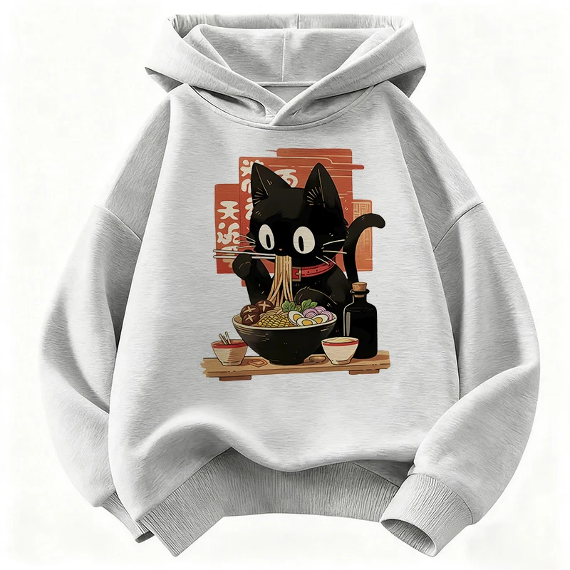 Vintage Ramen Katzen-Hoodie Manga Kinder Katzen-Sweatshirt Niedlicher Kapuzenpullover für Jungen Mädchen Herbst Winter Lässige Hoodies