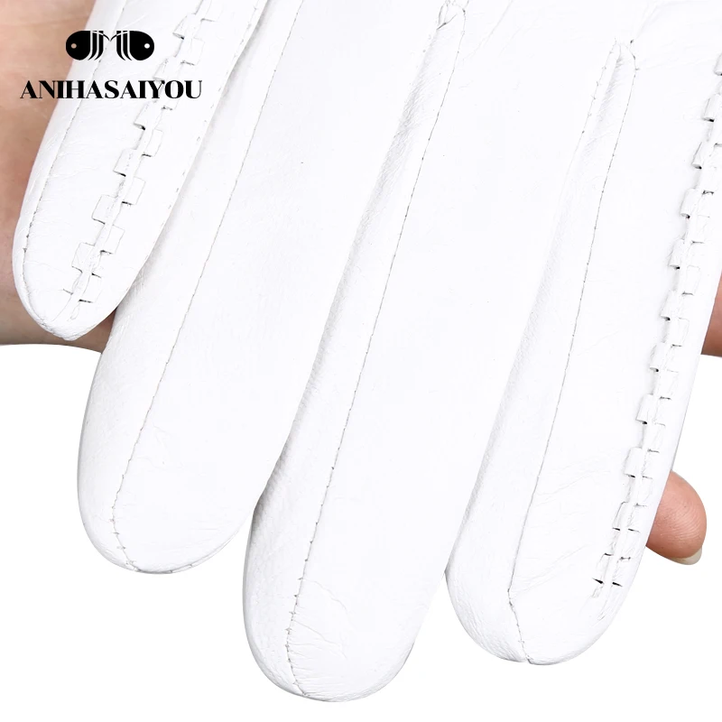 Fashion white leather gloves women Genuine Leather White gloves sheepskin Short comfortable Women\'s gloves warm lining-2226D