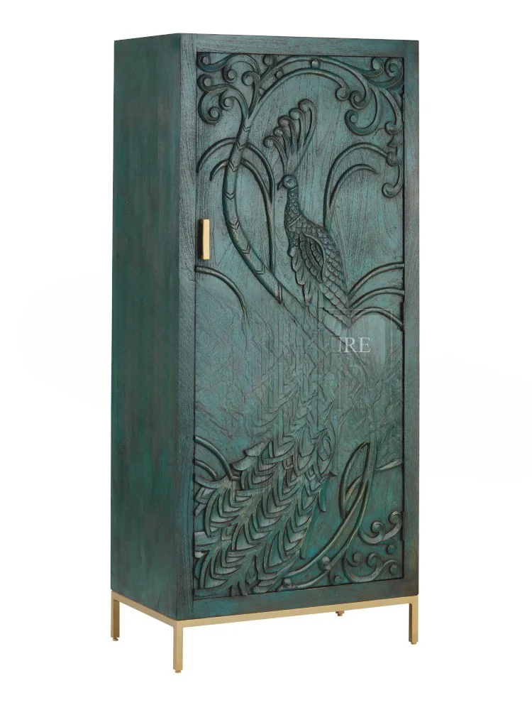 Retro small wardrobe peacock carved single-door wardrobe storage   antique entrance decoration cabinet