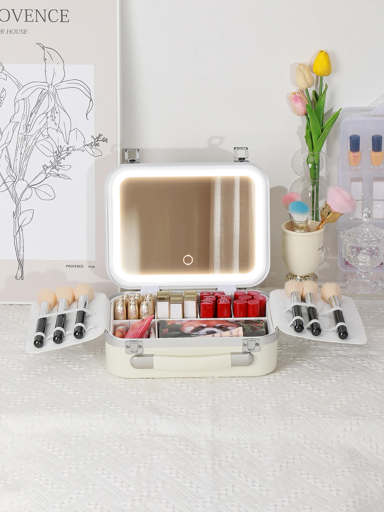 Women Skin Care Travel Storage Box Fashion Portable Makeup Bags Large Capacity Cosmetic Case with LED Mirror