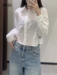 Sexy Hollow out Crop shirt Long sleeve lace embroidery tops 2024 Summer White Beach Streetwear Short blouse Loose INKEO 4T154