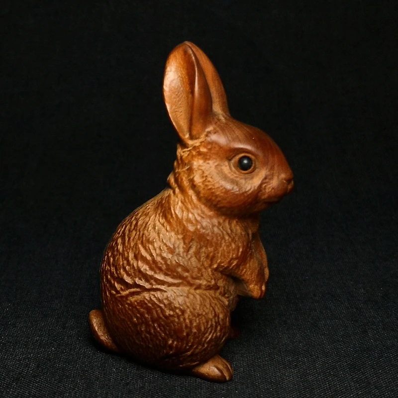 

YIZHU CULTUER ART Size 2.3 Inch Old Chinese Boxwood Wood Hand Carved Hare or Rabbit Figurine Netsuke Decoration Gift Collection