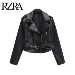 RZRA Leather Jacket 2024 Autumn New Solid Color Lapel Long Sleeve Belt Lost God Short Fake Leather Jacket Coat Women