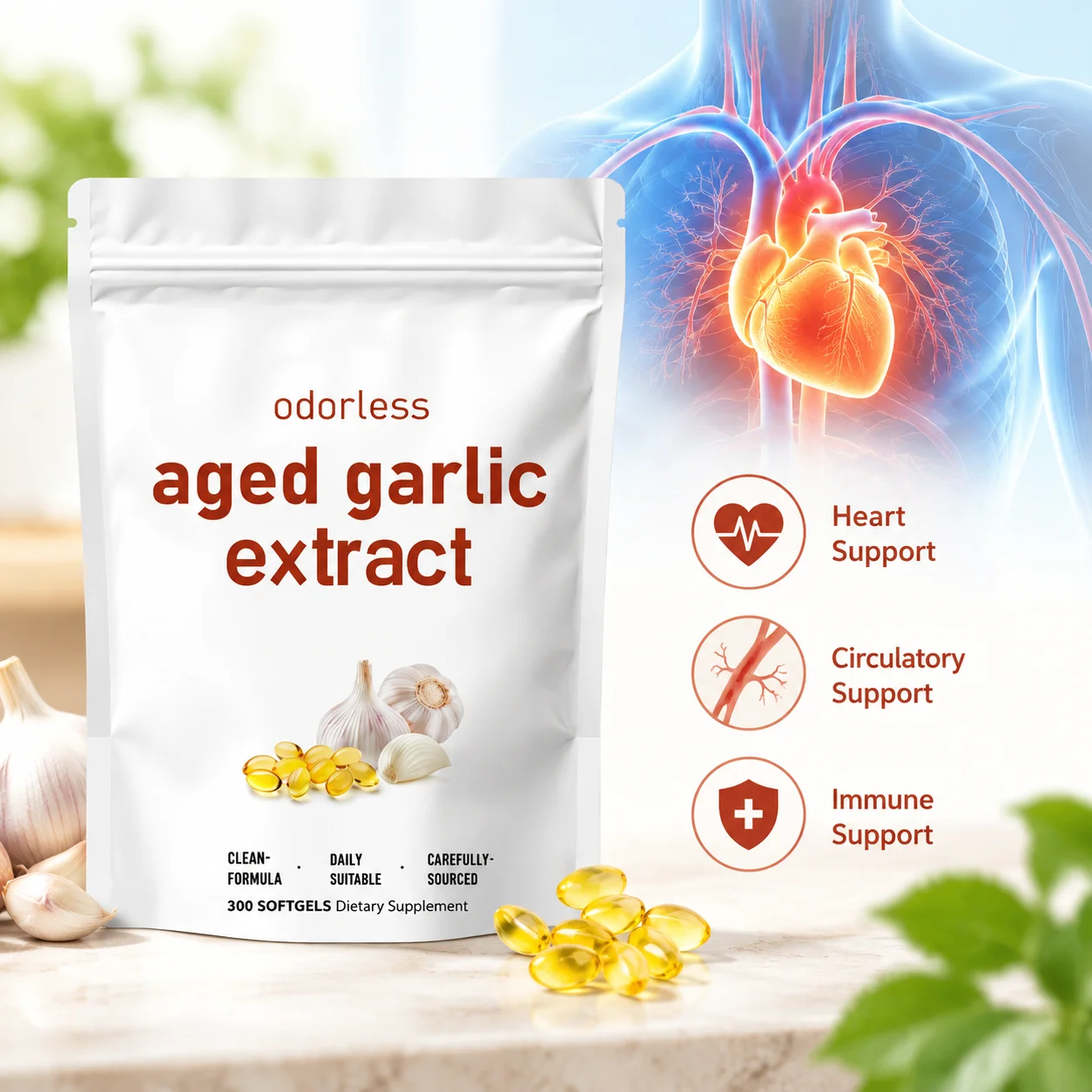 Odorless Aged Garlic Extract Softgels for Heart, Circulatory & Immune Support with 15:1 Extract, 7500mg Equivalent, 300 Softgels