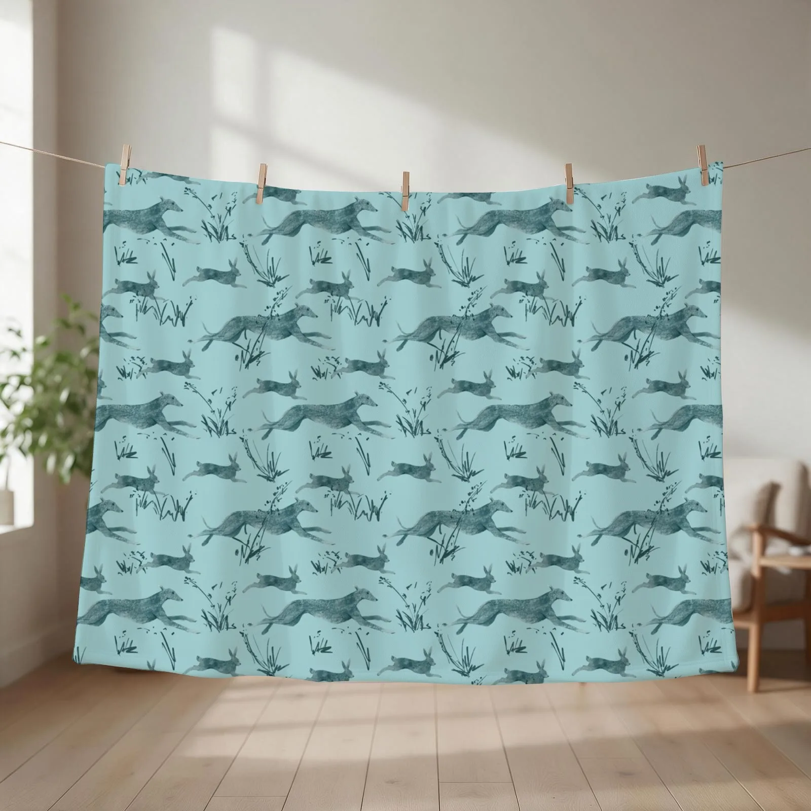 A galgo and a hare on turquise Throw Blanket couch cozy soft plush fuzzy picnic outdoor blanket