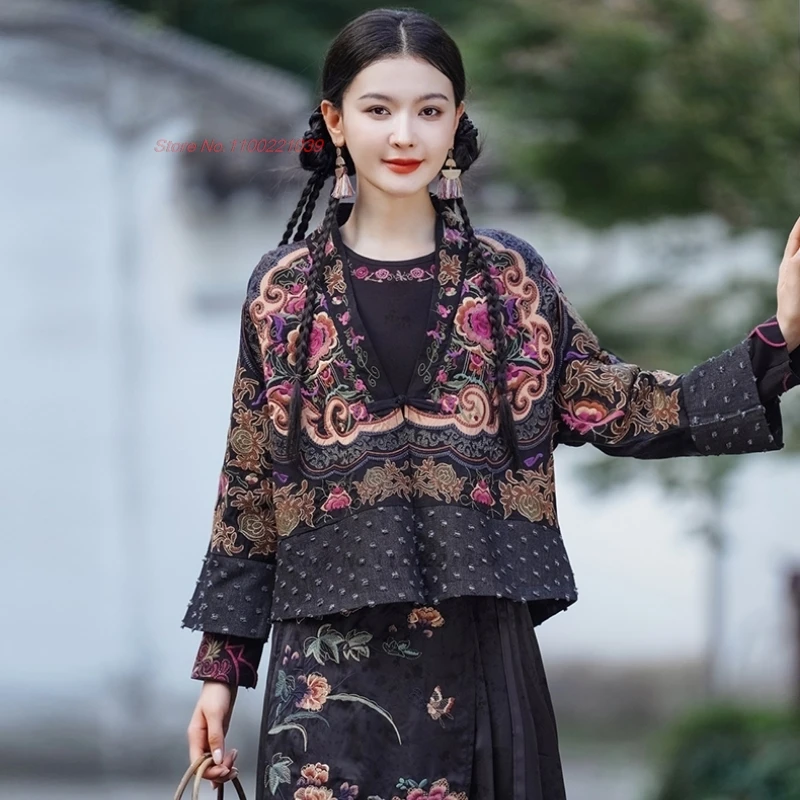 2024 traditional chinese vintage coat national flower embroidery v-neck cardigan oriental hanfu tops ethnic jacket streetwear