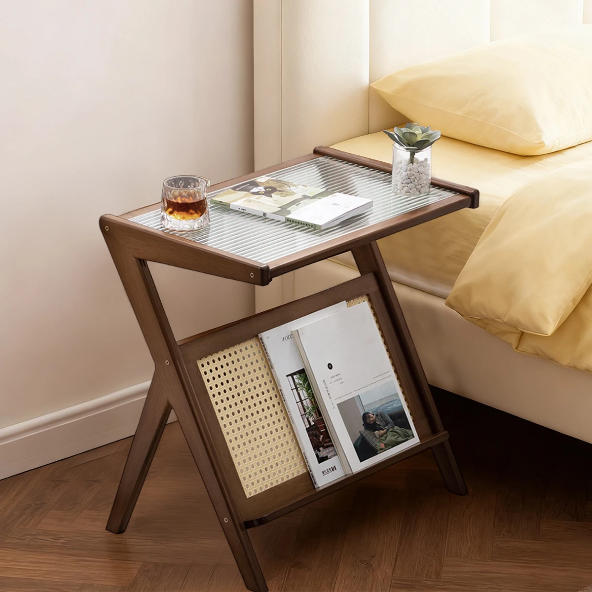 Tavolino da caffè in acrilico lato/tavolo portaoggetti in bambù rattan Boho Mid-Century, supporto per giradischi, piccoli spazi