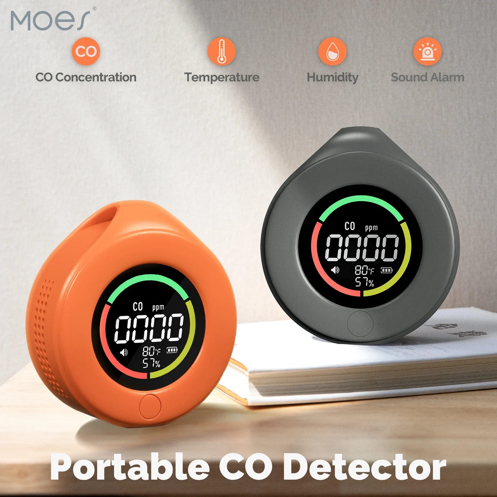 

MOES Mini Carbon Monoxide Detector Travel 3-in-1 Portable Temp/Humi/CO Meter with Magnetic Suction 120 Hour Standby Chargeable