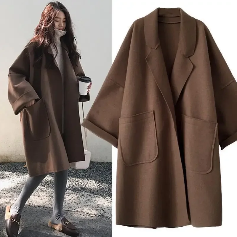 Elegante Wollen Trenchcoat Winter voor Vrouwen Vintage Windbreakers Jas Halflange Losse Turn-Down Kraag Plus Size 4XL Vest