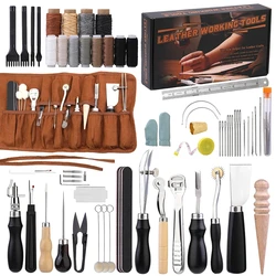 Professional Leather Craft Tool Kit Hand Sewing Repair Kit Wax Thread Stitching Punch Carving Work Groover DIY Tool Set