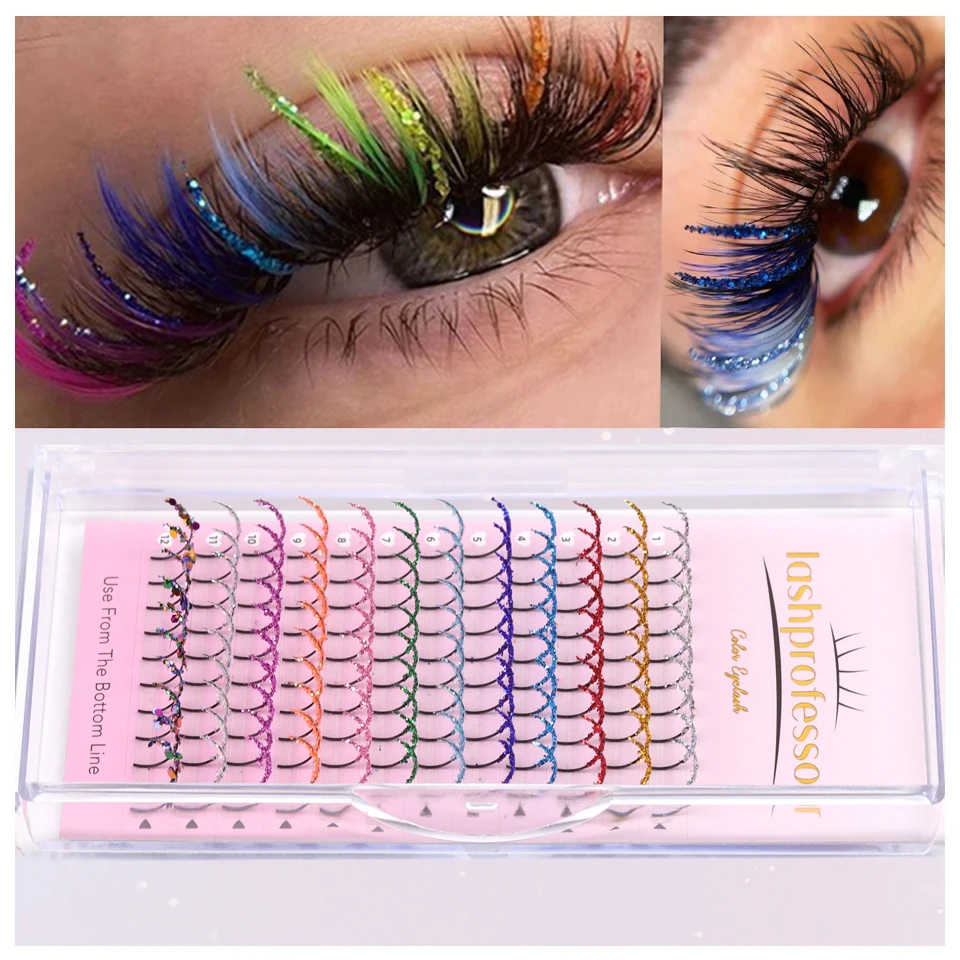 Lashprofessor Glitter Shiny Colorful False Eyelash Extension DIY Mix Color Lashes Christmas Cosplay Party Glitter Color Eyelash