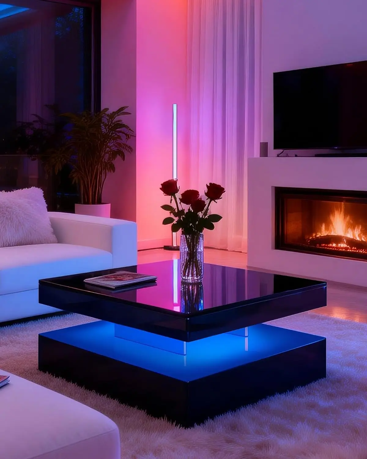 LED Coffee Table Storage & 16-Color Lights High Glossy Square Wooden Center Table 2 Drawers Living Room 31x31x14.6in, Customized