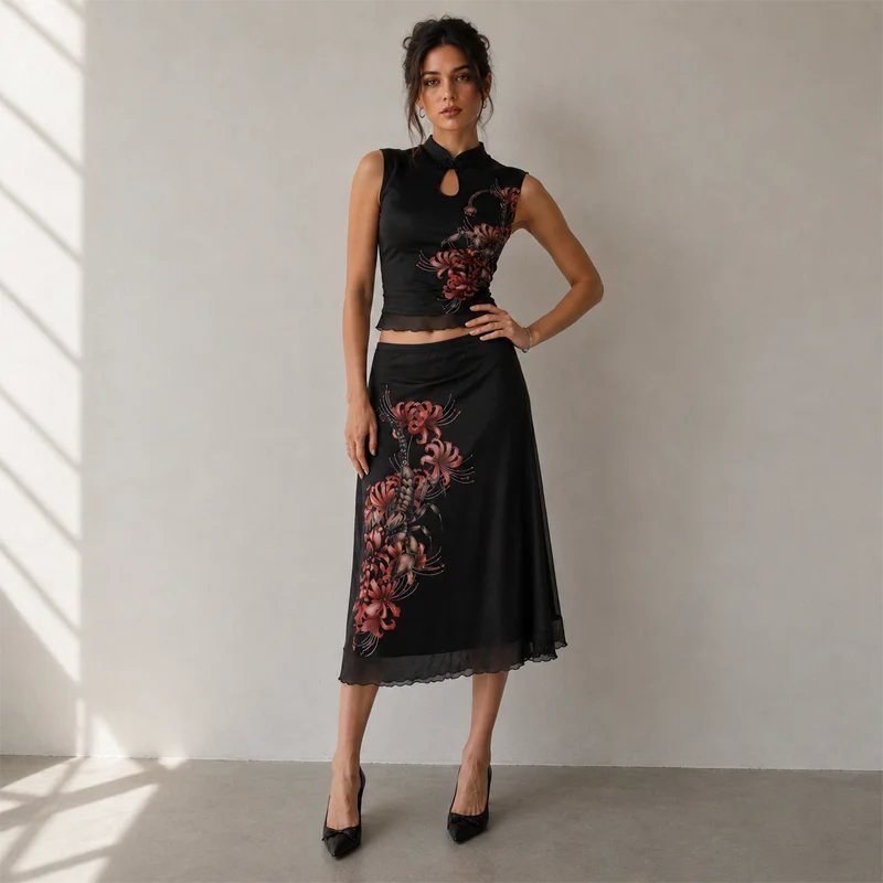 Women Chinese Style Two Piece Set Floral Embroidery Top And Midi Skirt Mandarin Collar Vintage Elegant Matching Outfit