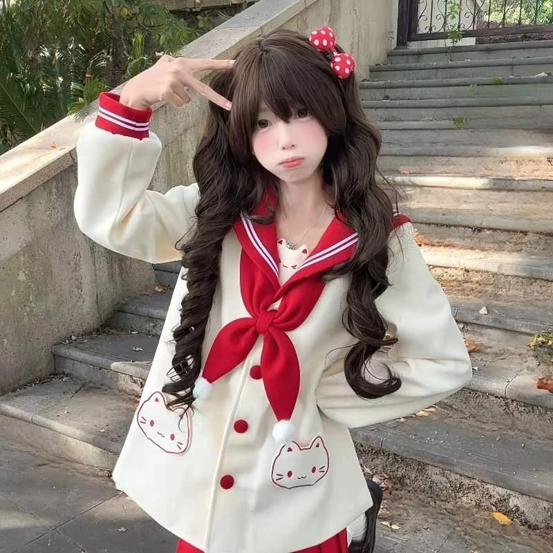 Japanese Kawaii Cartoon Lolita Woolen Coat Preppy Style Cat Sailor Collar Cute Jacket Korean Girls Y2k Warm JK Uniform Outerwear