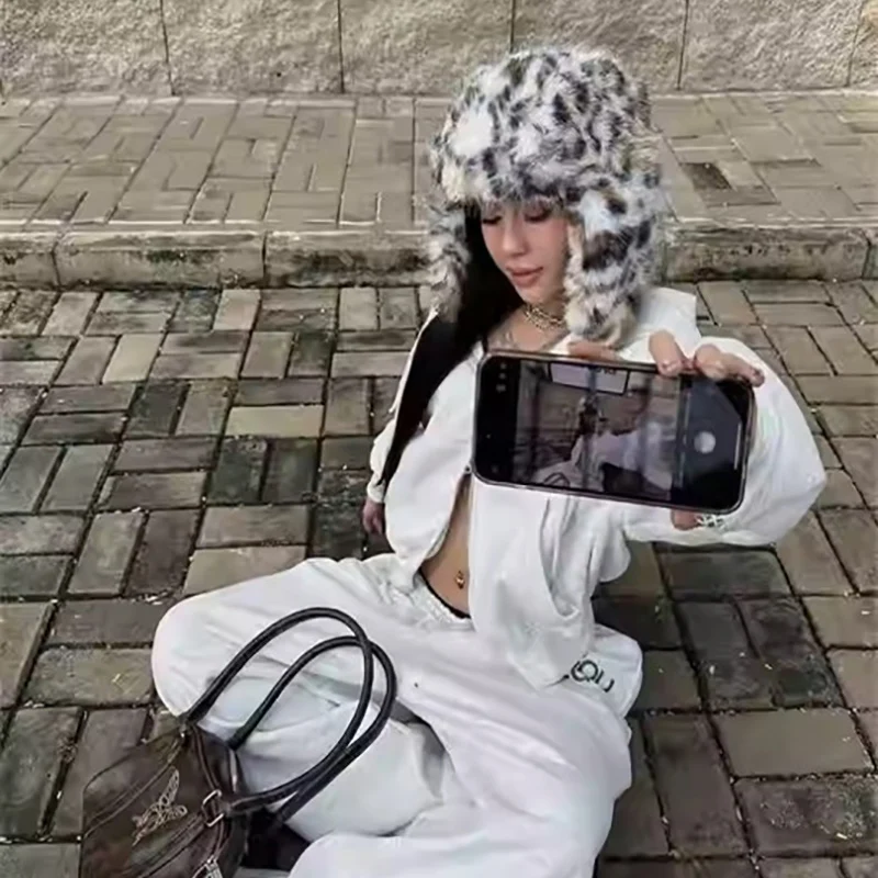 فو الأرنب الفراء الصياد قبعة الفهد طباعة الطيار قبعة مع حماية الأذن الشتاء العاصفة برهان هود للرجال النساء التزلج #2