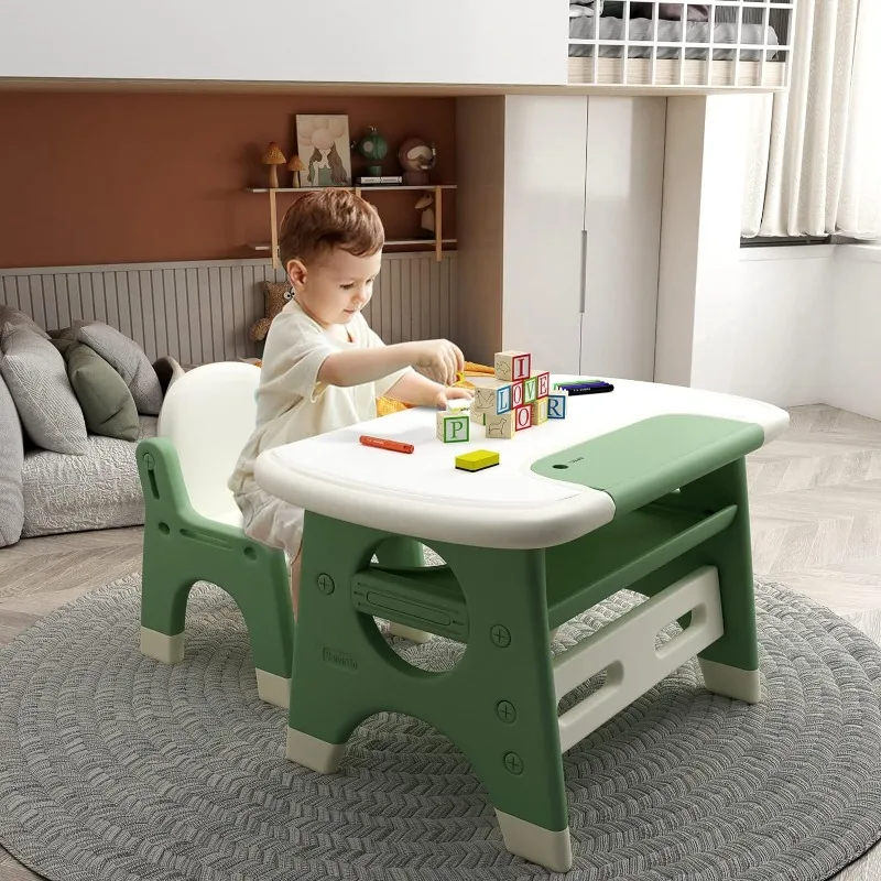 Mesa de desenho infantil e cadeira com caneta aquarela e quadro-negro Eraser, mesa de atividades com prateleira de armazenamento