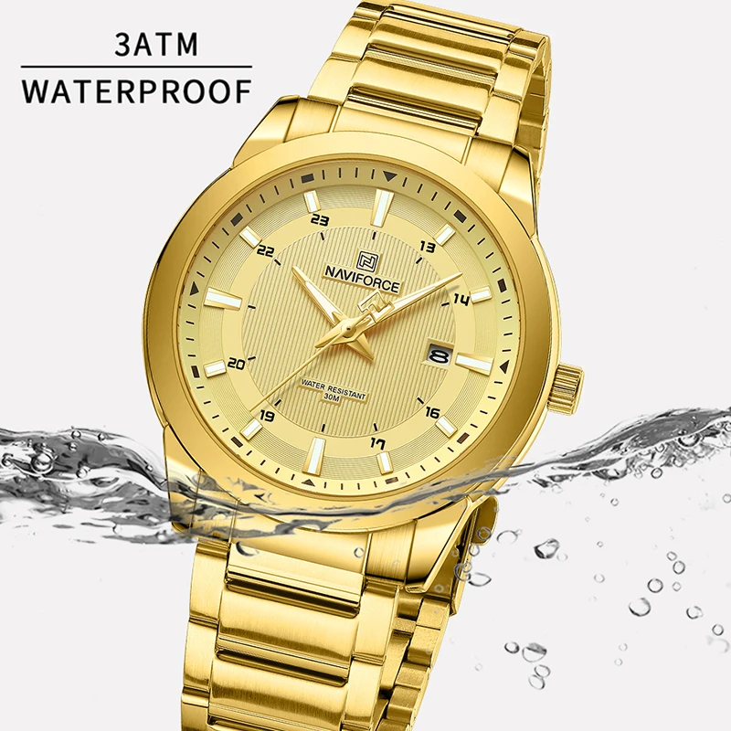 NAVIFORCE Luxury Gold Stainless Steel Watches for Man Fashion Wild Quartz Casual Male Wristwatch with Date Display Window NF8029