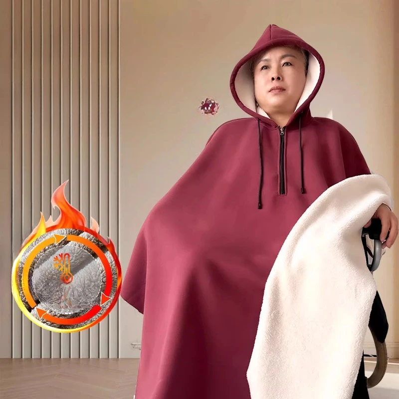 Winter Heated FleeceWheelchair Cape for ElderlyWaterproof KneeLeg Warmers Windproof Outdoor Blanket with Easy On/Off for Seniors