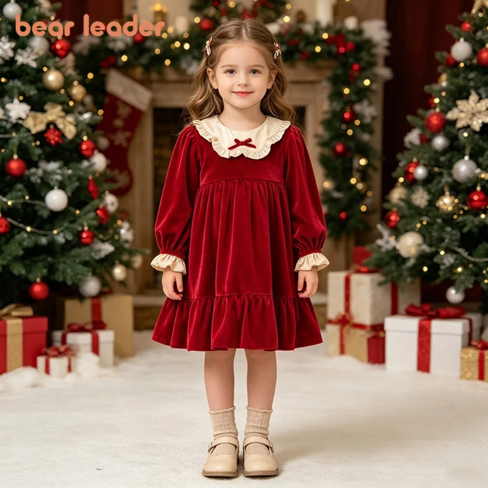 Bear Leader Girls Red Velvet Dress Ruffle Collar Bow Decor Long Sleeve Princess Party Dress Kids New Year Birthday Clothing