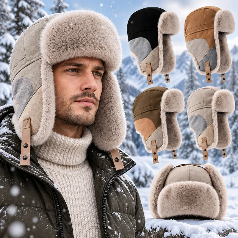 Men Winter Trapper Hat Warm Faux Fur Ear Flaps Windproof Ski Cycling Cap Cold Weather Adult Bomber Hats for Winter Thick Warm
