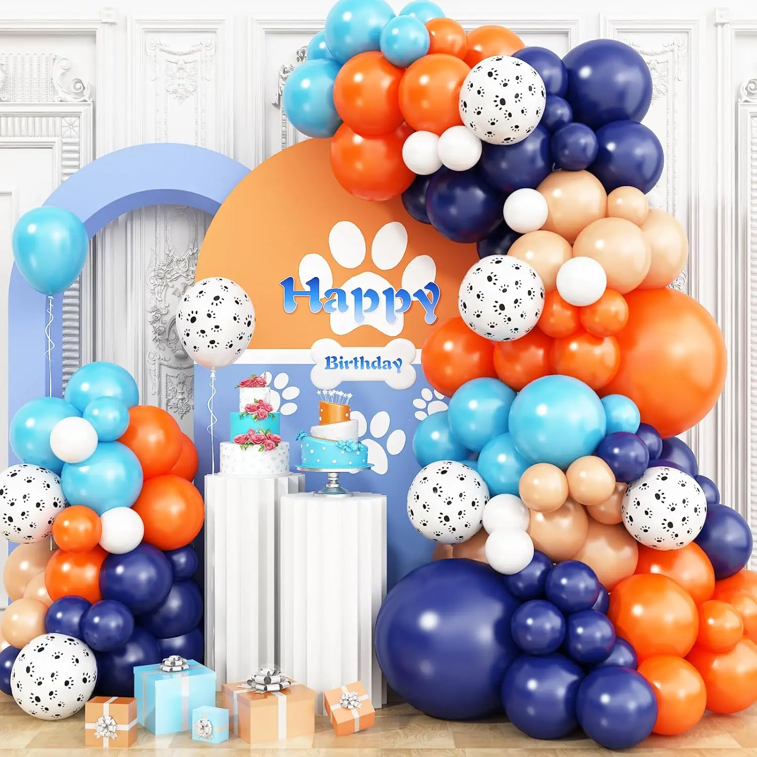 مجموعة إكليل بالونات باللون البرتقالي والأزرق والبيج، مع بالونات مطبوعة بمخلب الكلب، مناسبة لتزيين حفلات أعياد الميلاد على شكل جرو #5