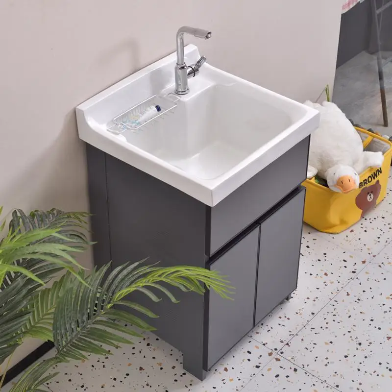 

Balcony Space Aluminum Laundry Cabinet Small Apartment Bathroom Cabinet with Rub Board Sink Single Cabinet Ceramic Integrated
