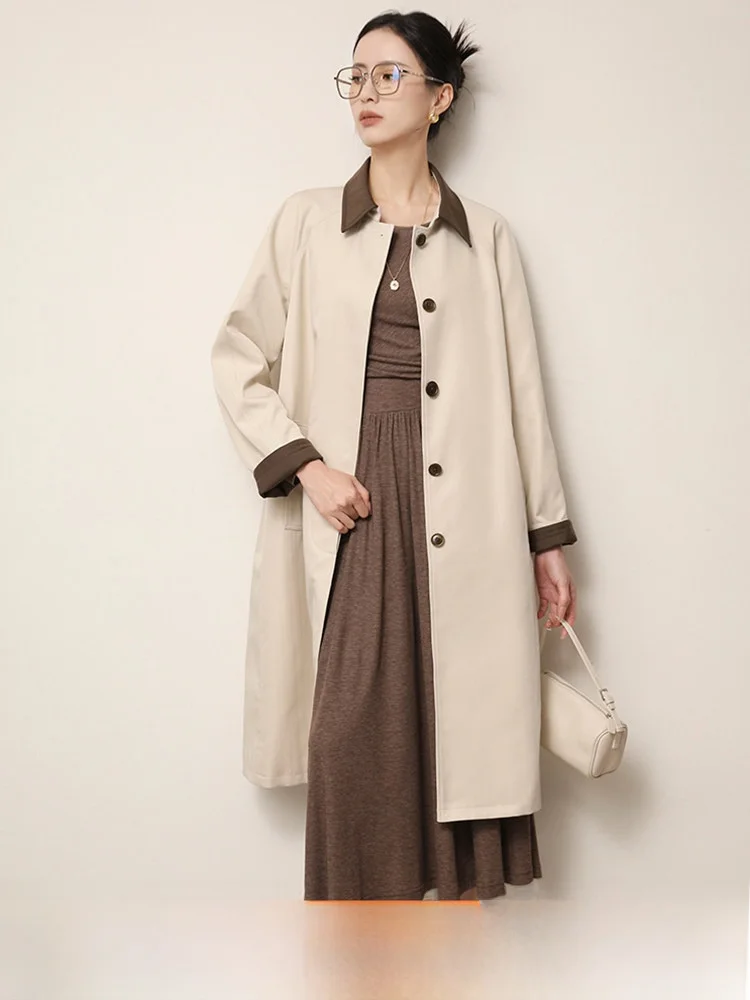 

XUS Pumen Vintage Color Block Collar Coat Women's Spring Autumn Loose High End Feeling Midi Length Outerwear