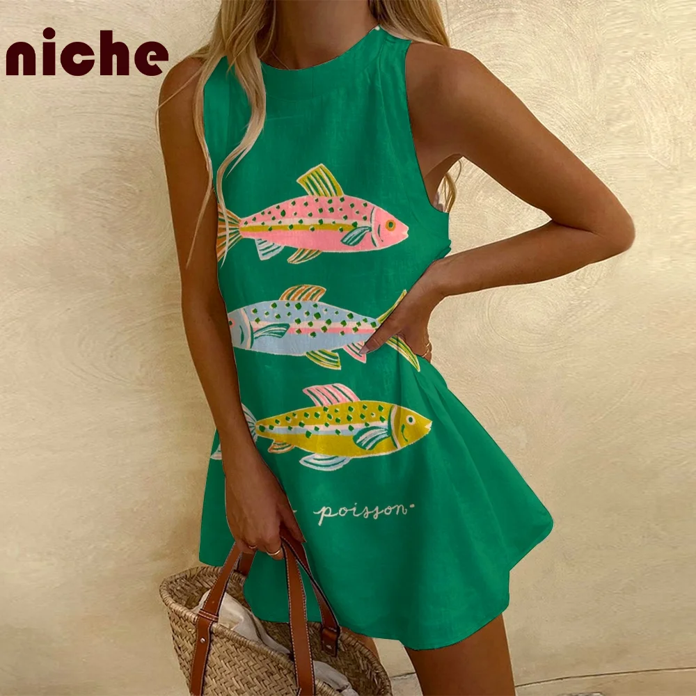 Solid Color Women\'s Dresses Cute Hand-Painted Sardines Print Green Dresses Party Dresses Fashion Trend New Beach Dresses