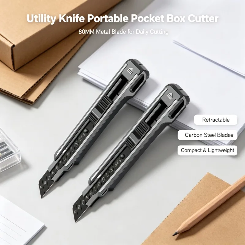 BAOLIAN Utility Knife Portable Pocket Box Cutter Retractable Paper 80MM Metal Blade Carbon Steel Blades  Crafts Office Gadgets