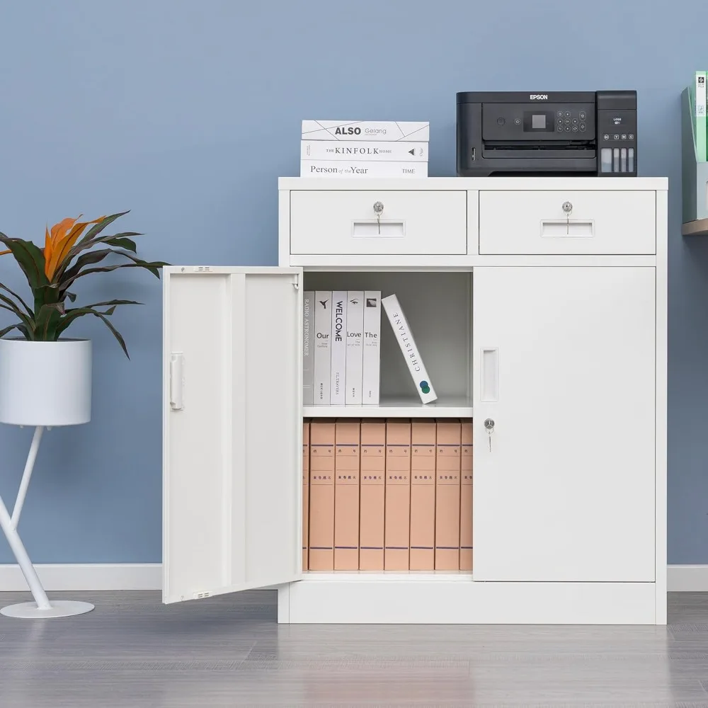 خزانة تخزين معدنية، خزانة تخزين بقفل مع رف قابل للتعديل، خزائن معدنية 36 بوصة ارتفاع مع درجين للمكتب والمرآب، #2