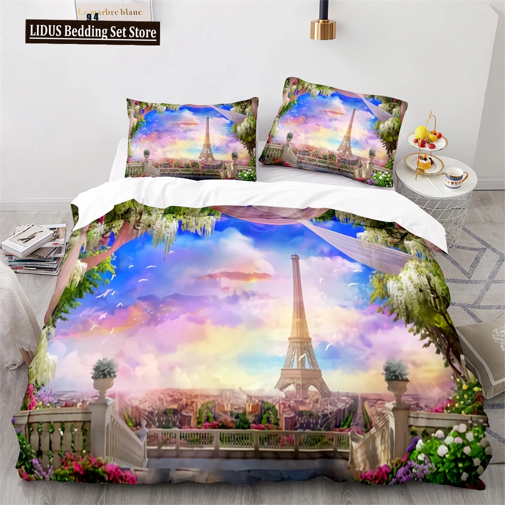 

Paris Eiffel Tower Themed Duvet Cover Set City Landscape Sky Cloud Comforter Cover Home Decor Romantic Bedspread Cover King Size