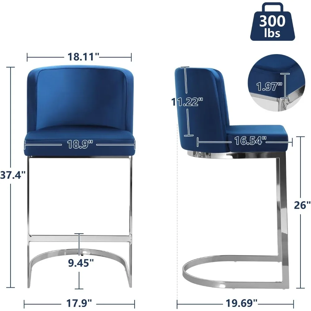 カウンター高さ26インチのバースツール2脚セット、背もたれとC型メタルフレーム付きモダンベルベットバースツール、布張りバーチェアカウンター