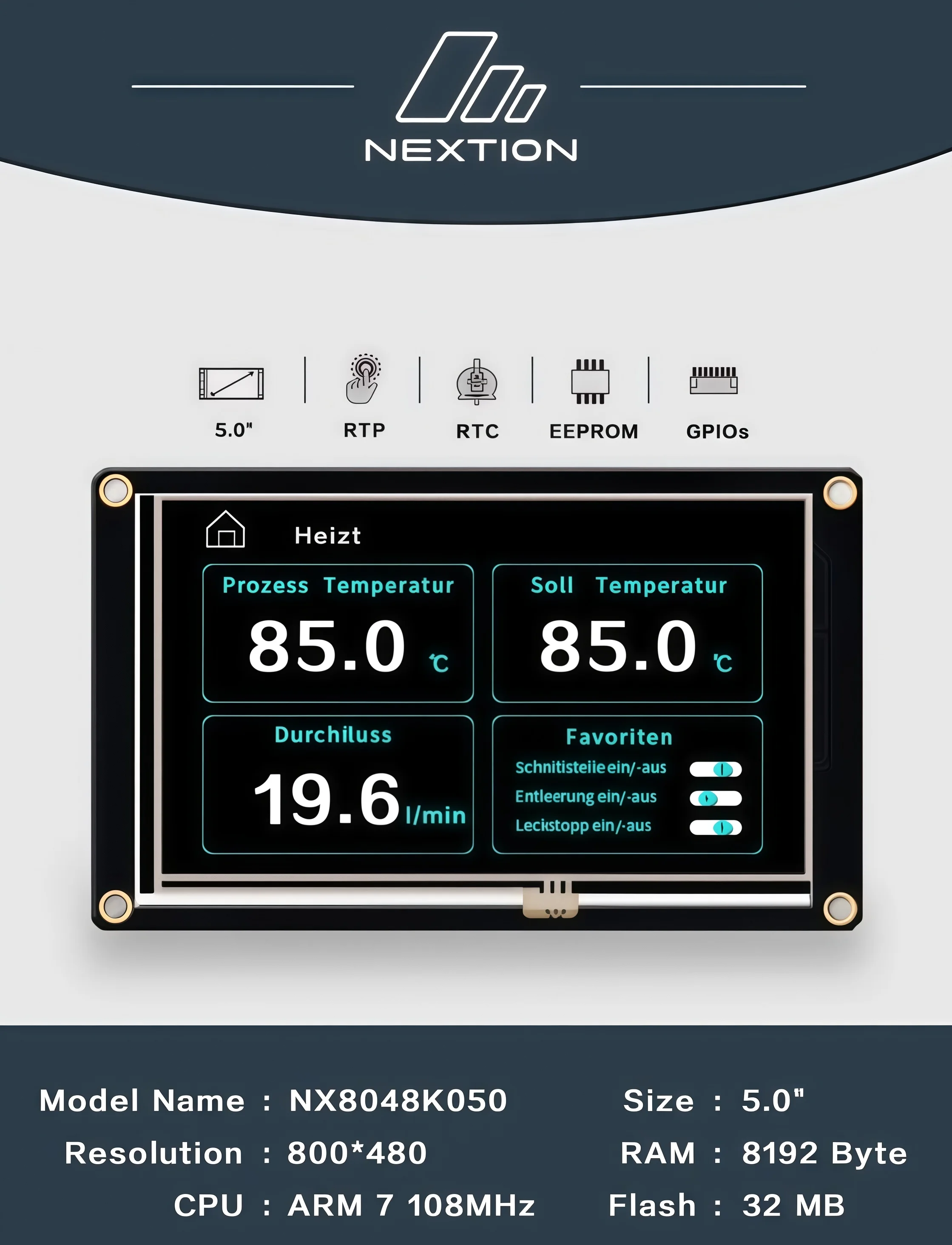 Nextion NX8048K050 Enhanced Version 5-inch Human-Machine Interface (HMI) with English kernel.