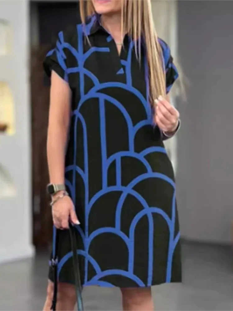 

Fashionable Printed Dress Summer New Sexy V-neck Pocket Short Sleeved Mid To Long Casual Loose Dress Women's Clothing