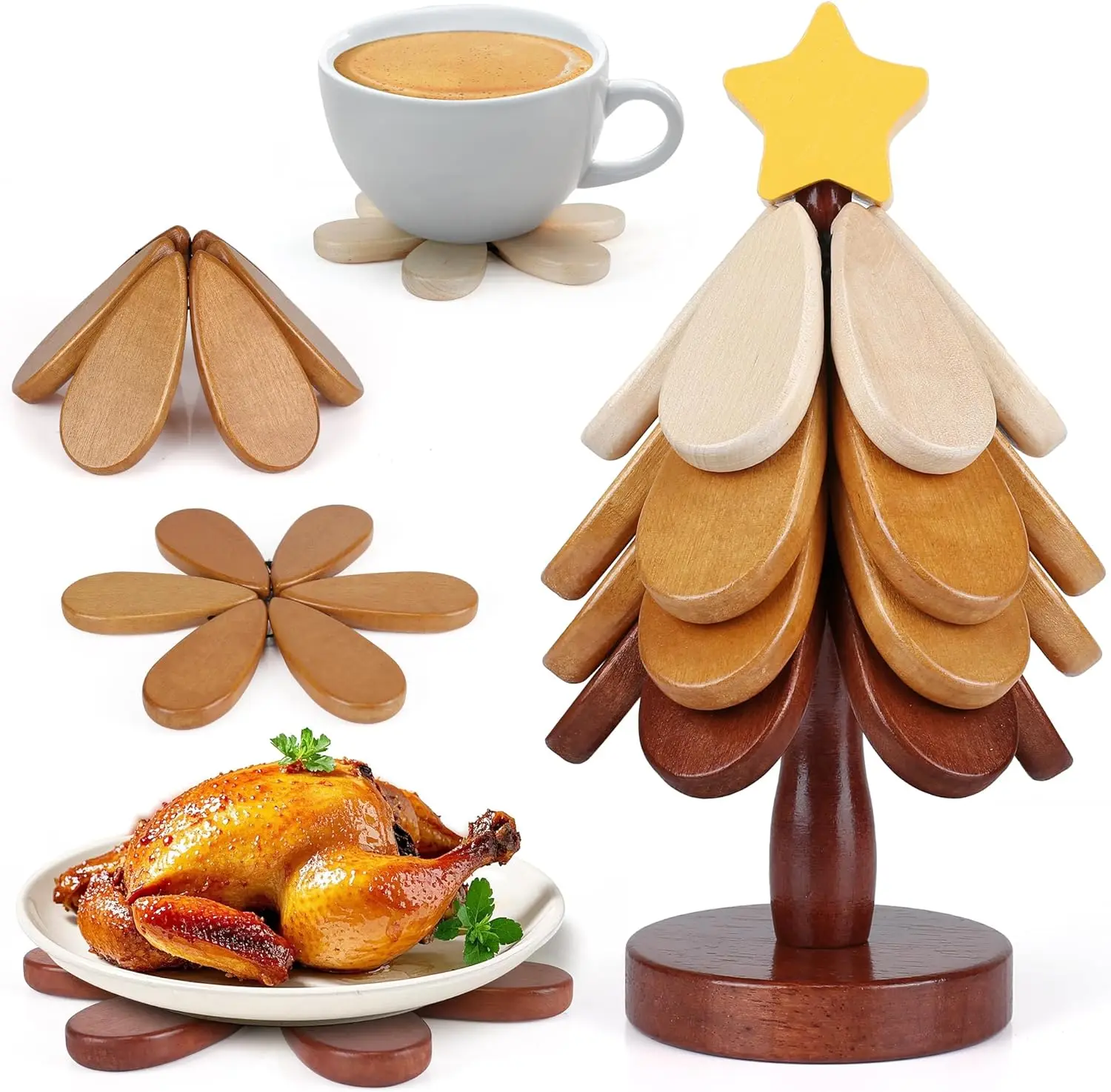 

Christmas Tree Trivet Wooden Trivets for Hot Dishes, Tree Trivet Coasters Wooden Set of 4, Table Decor Coaster for Home and Rest