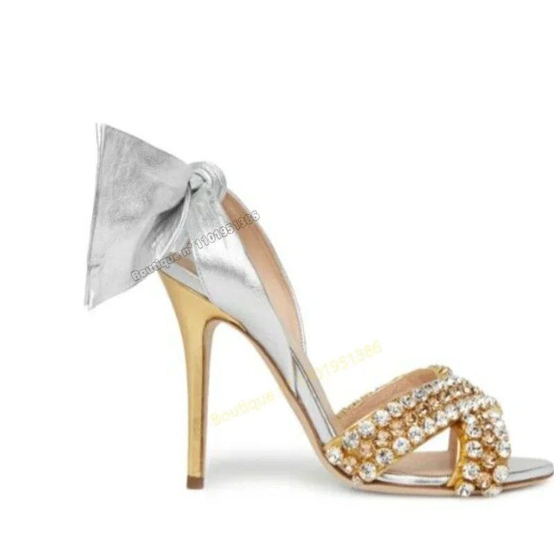 صنادل كريستالية بعقدة على شكل فيونكة خلفية سهلة الارتداء أحذية زفاف للنساء أحذية بكعب عالي مختلط الألوان 2023 Zapatillas Mujer