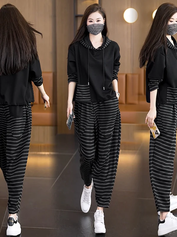 Autumn New plus Size Fashion Set with Harem Pants And Slimming Effect Mid-aged Women Casual Wear Polyester Long Sleeve Sweats...