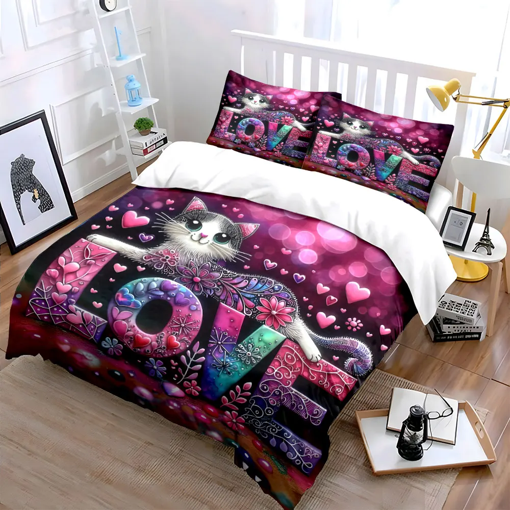 Love-Themed Cat Artwork Set Soft Skin-Friendly Bedding Set Includes 1 Duvet Cover And 2 Pillowcase, Gift
